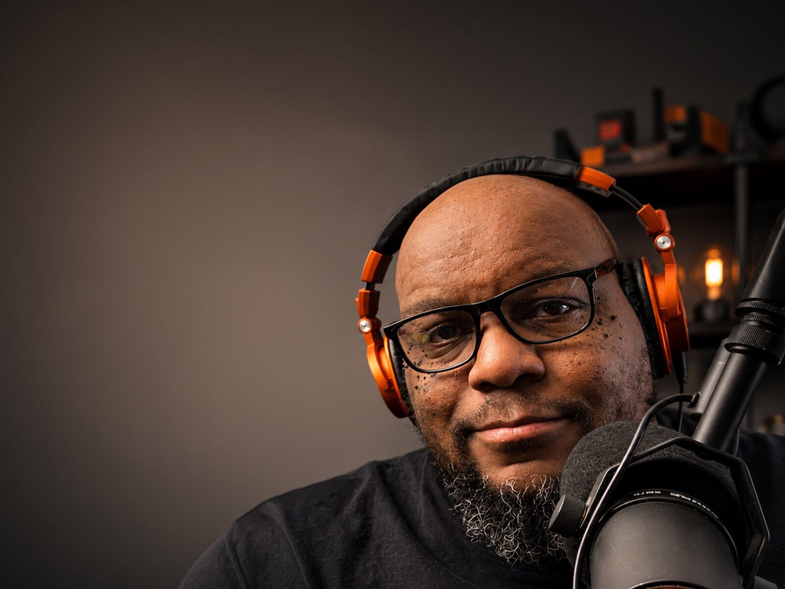 Lindsey Tucker Epps wearing headphones at a podcast microphone